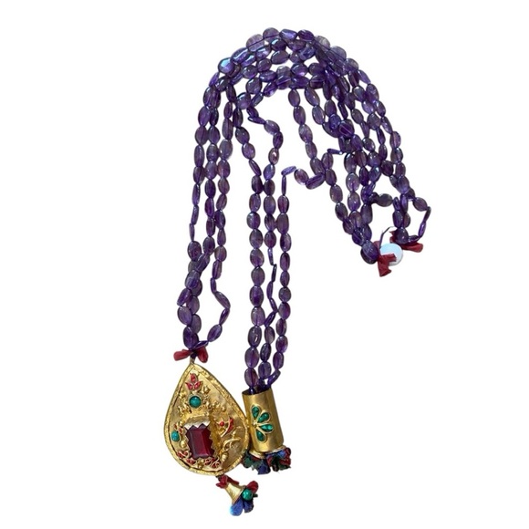 Vintage Turkish Copper Metal Beaded Statement Necklace Rhinestones Purple Long - Picture 1 of 6